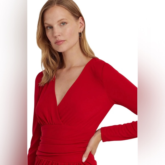 Lauren Ralph Lauren Red Ruched Stretch Jersey Surplice Long Sleeve Dress, 10 - Picture 3 of 9